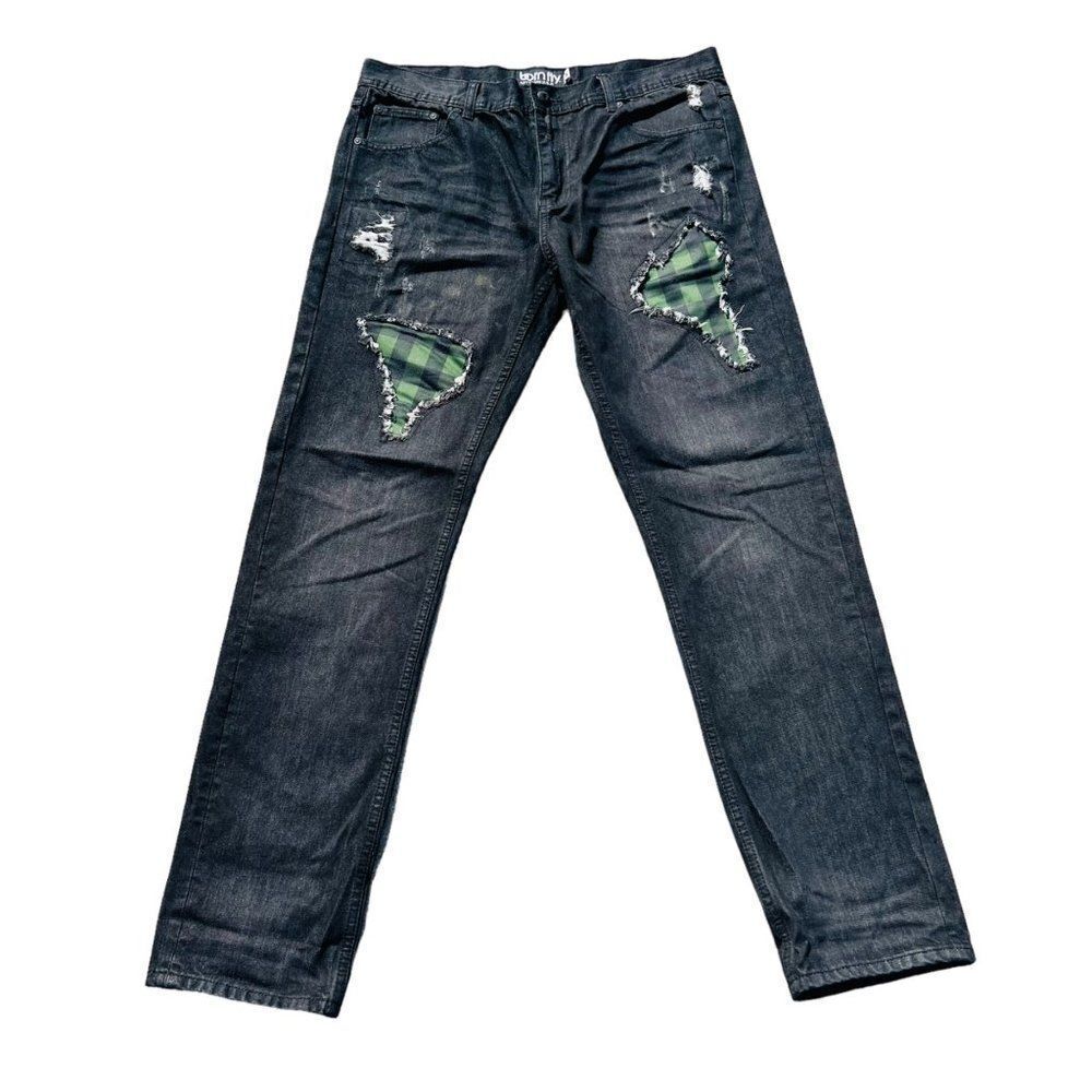 BornFly Anytime U.S.A. Distressed Black Patch Jeans Men's 36‎